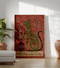 Folk art cat wall art with Indian-inspired floral patterns in green and red against a textured background. - Image 3