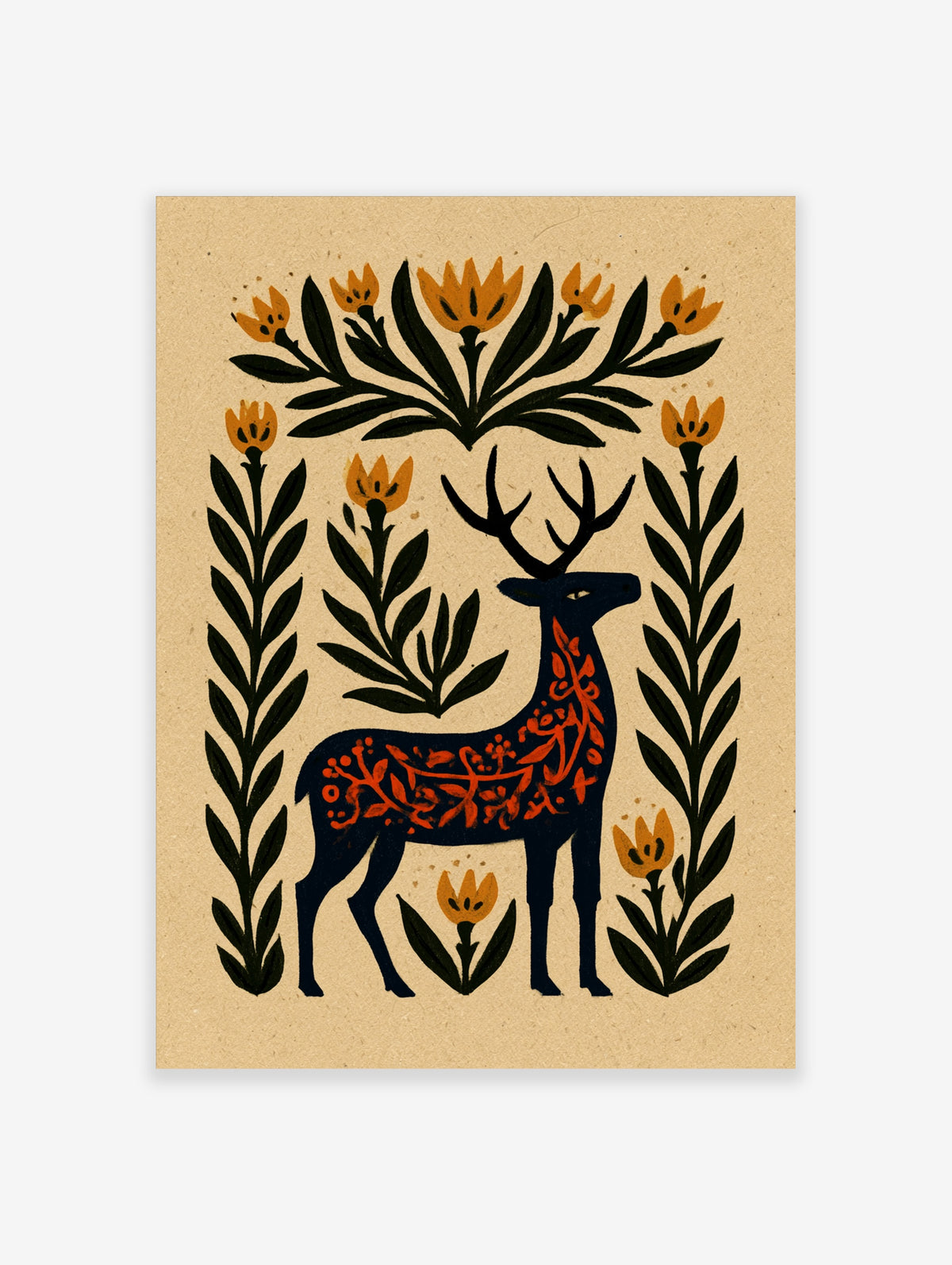 Folk art deer print with navy stag, orange tulips and black leaves on beige background