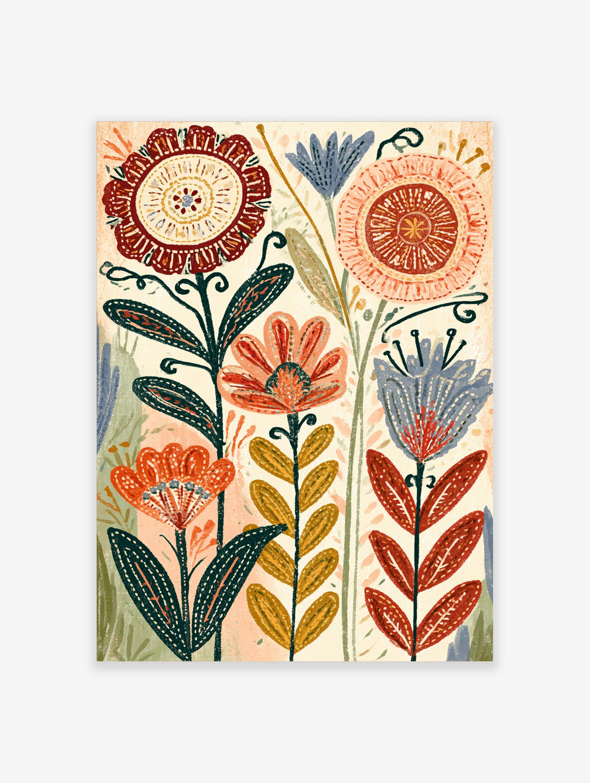 Folk art flower poster with red, blue and orange blooms on cream background