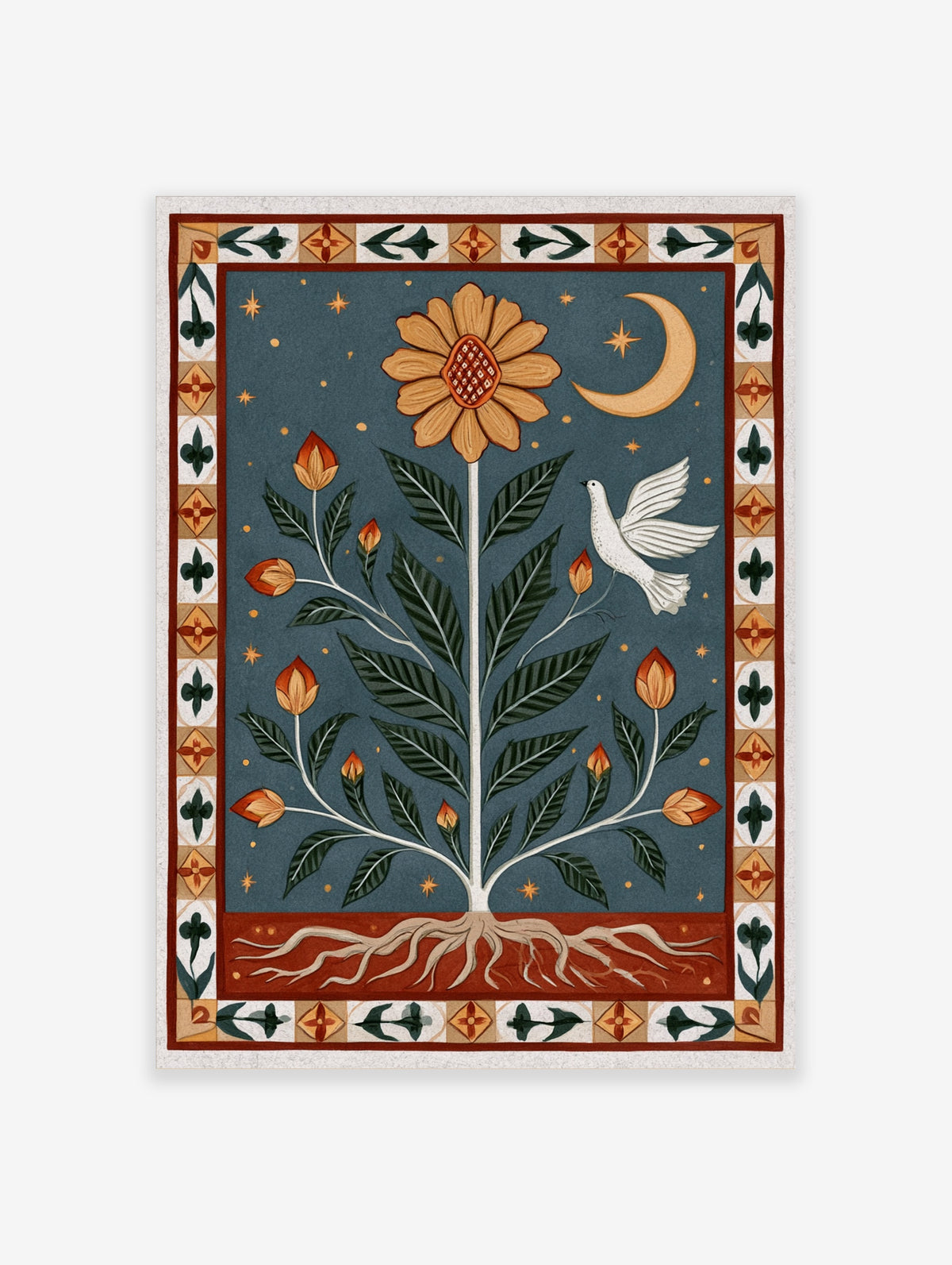 Folk art flower poster with orange bloom, white dove, crescent moon, and blue background
