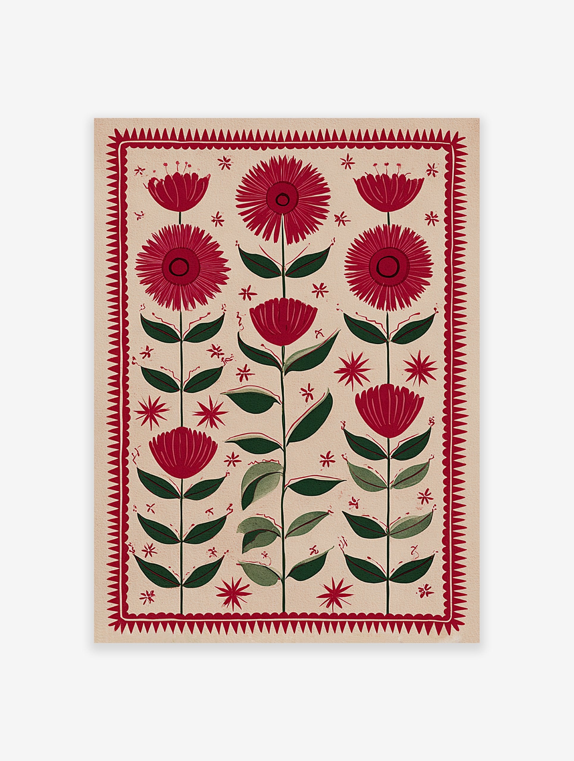 Red folk art flower and leaf botanical illustration print with a jagged red border on a light beige background.