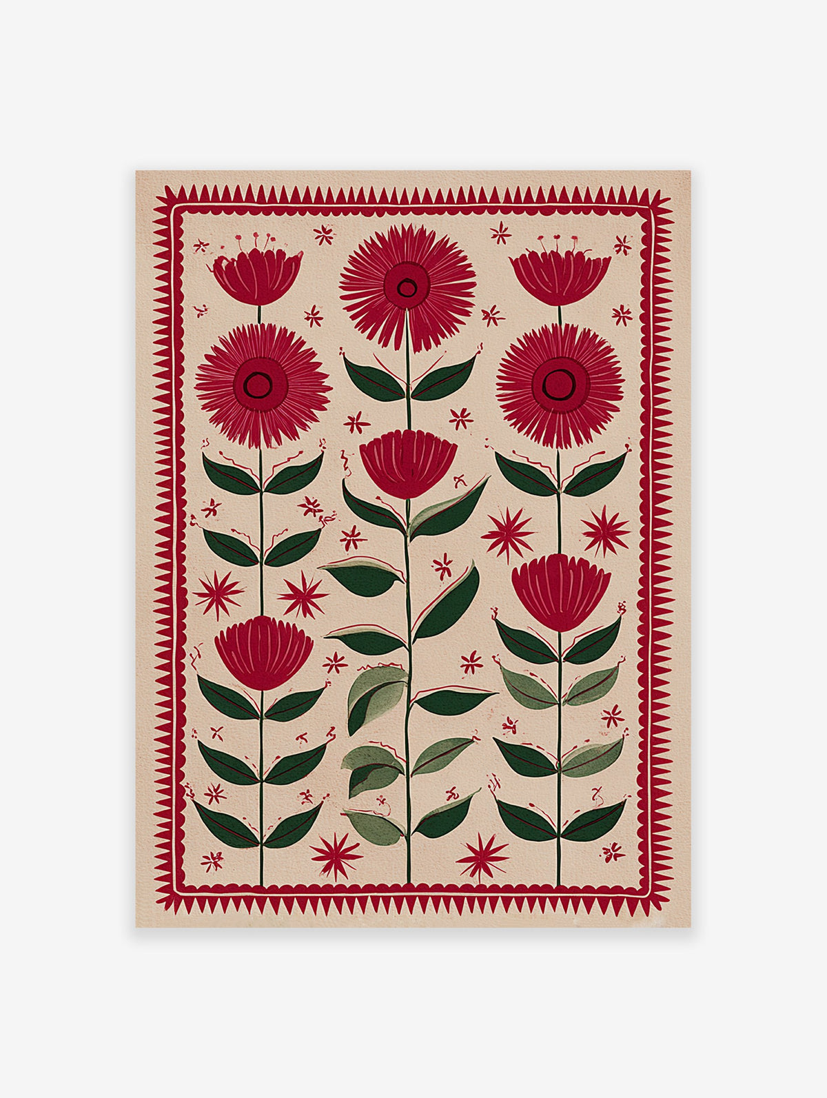 Red folk art flower and leaf botanical illustration print with a jagged red border on a light beige background.