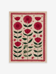 Red folk art flower and leaf botanical illustration print with a jagged red border on a light beige background.
