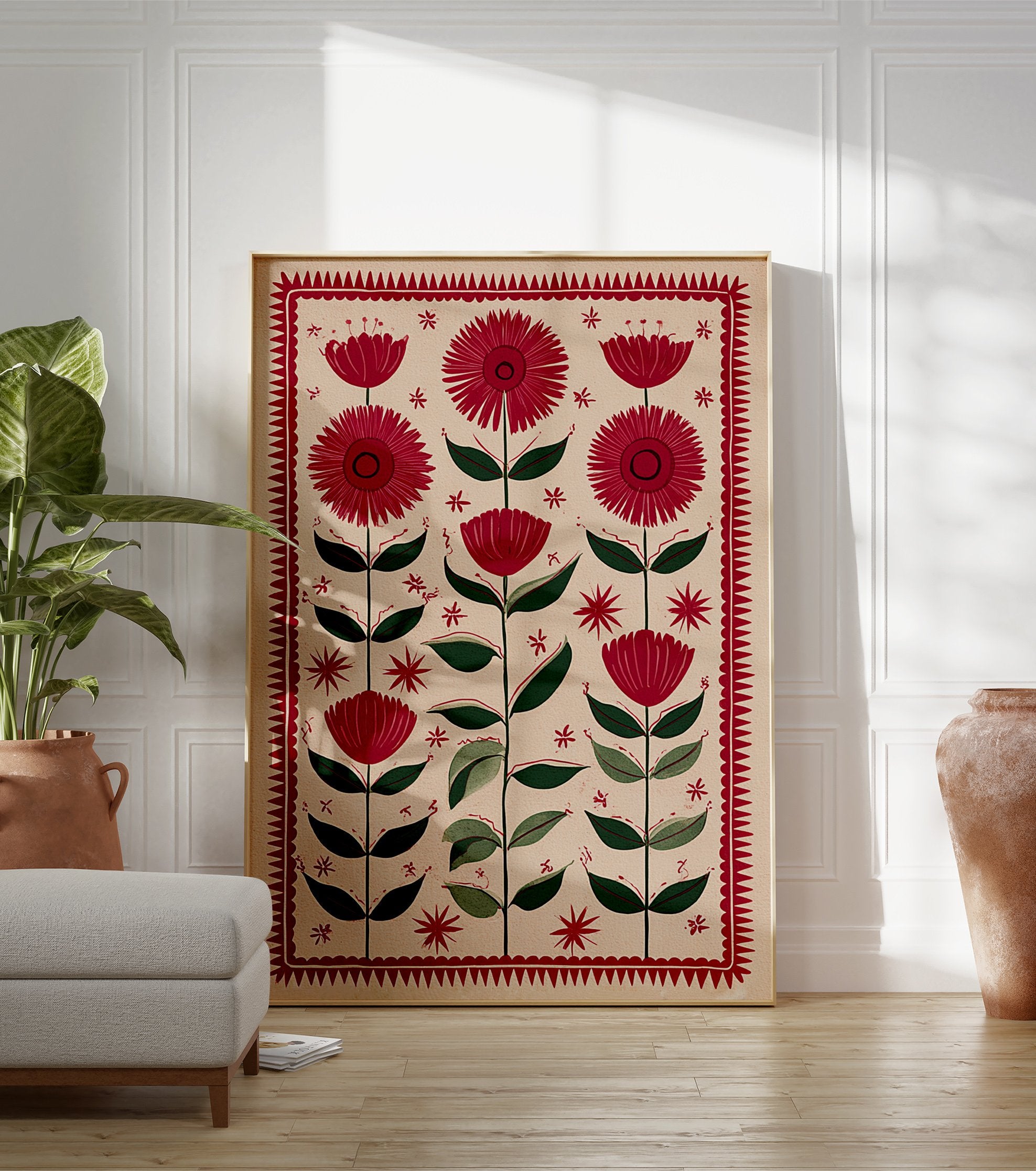 Red folk art flower and leaf botanical illustration print with a jagged red border on a light beige background. - Image 3