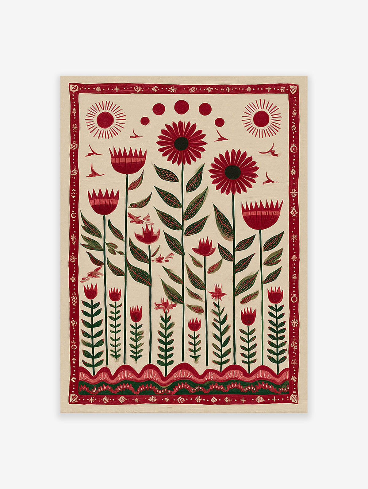 Red folk art floral botanical wall art print with stylized flowers, green leaves, birds, and sun motifs on a cream background.