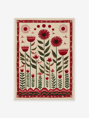Red folk art floral botanical wall art print with stylized flowers, green leaves, birds, and sun motifs on a cream background.