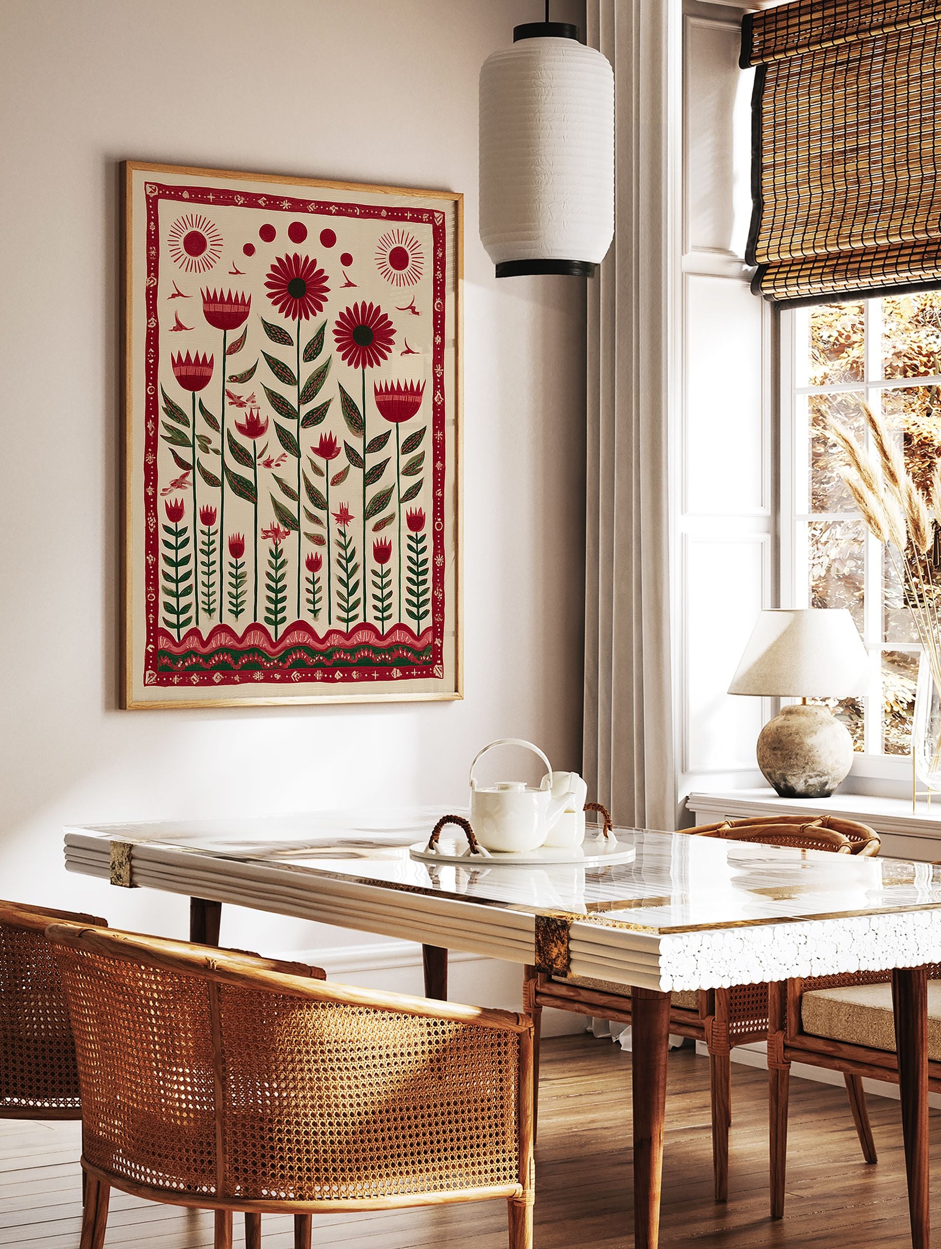 Red folk art floral botanical wall art print with stylized flowers, green leaves, birds, and sun motifs on a cream background. - Image 2