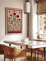 Red folk art floral botanical wall art print with stylized flowers, green leaves, birds, and sun motifs on a cream background. - Image 2