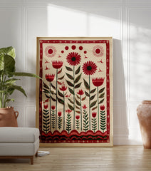 Red folk art floral botanical wall art print with stylized flowers, green leaves, birds, and sun motifs on a cream background. - Image 3