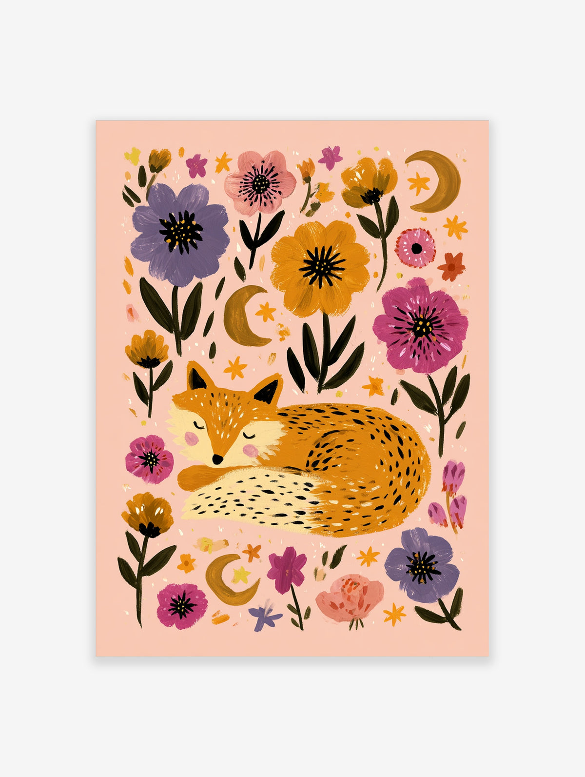 Folk art fox poster with sleeping fox, colourful flowers, stars, and crescent moons on pink background