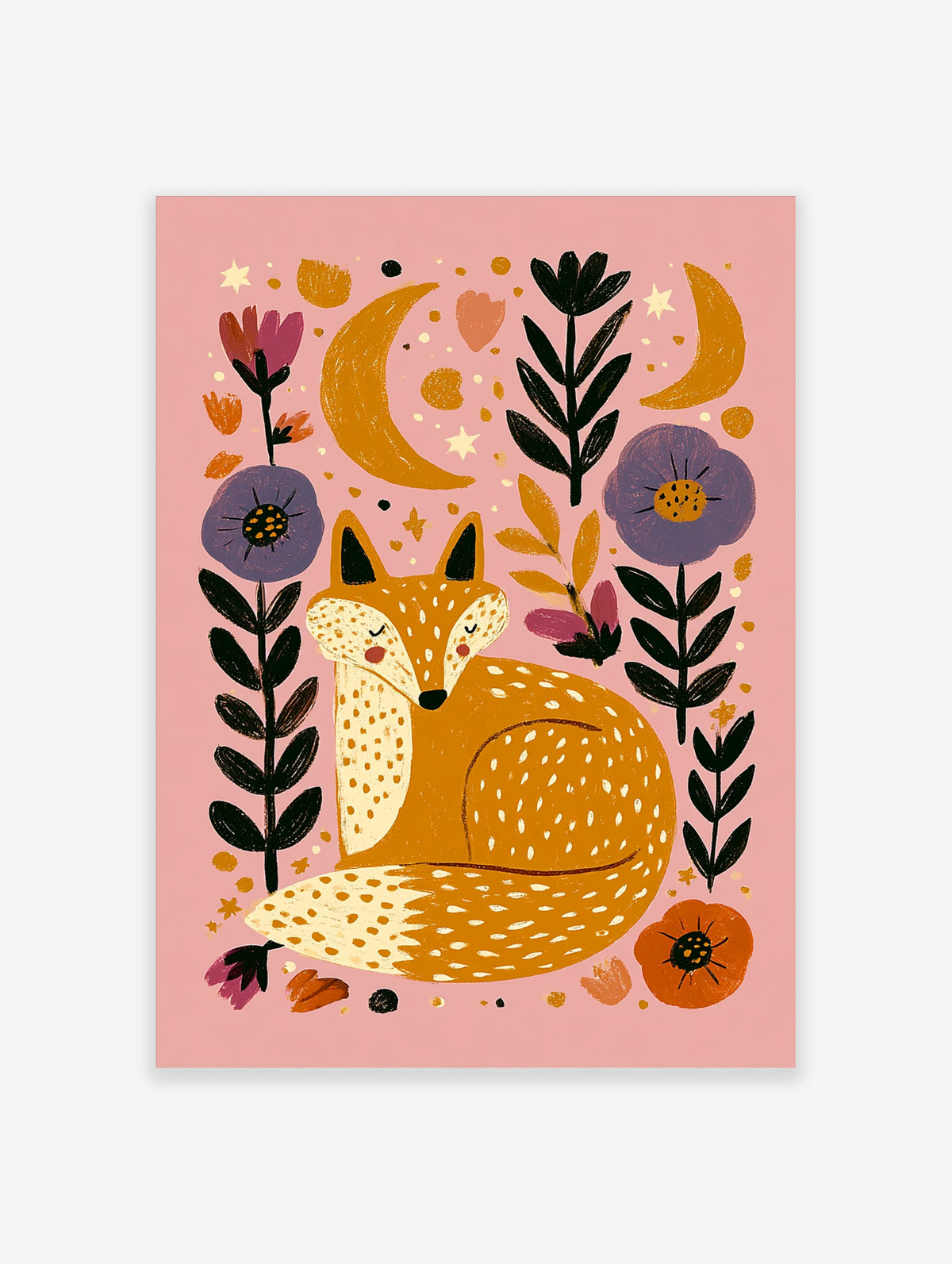 Folk art fox poster with sleeping orange fox, purple flowers, and gold moons on pink background