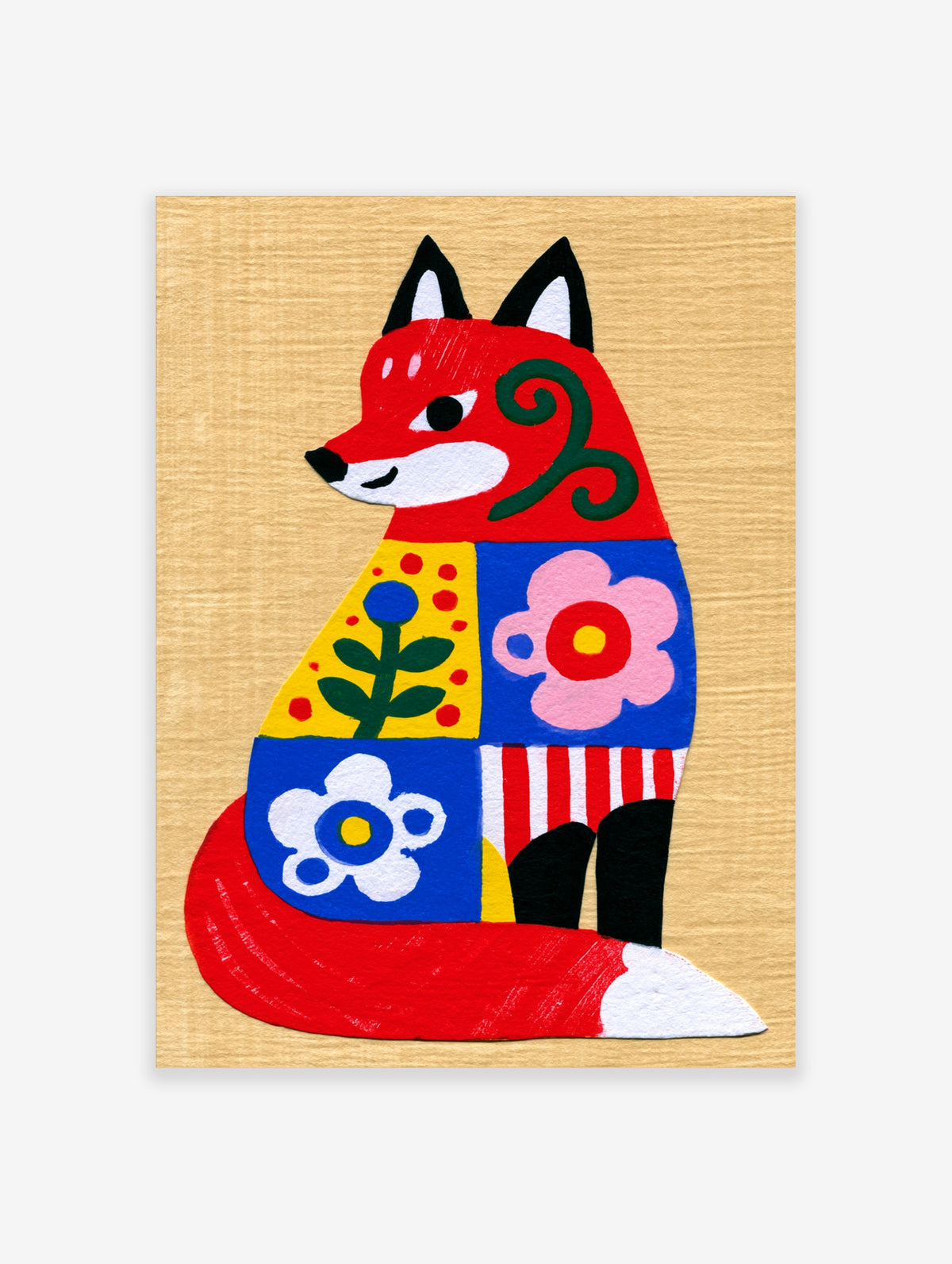 Folk art fox illustration with geometric flowers in red, blue, yellow, pink on beige background