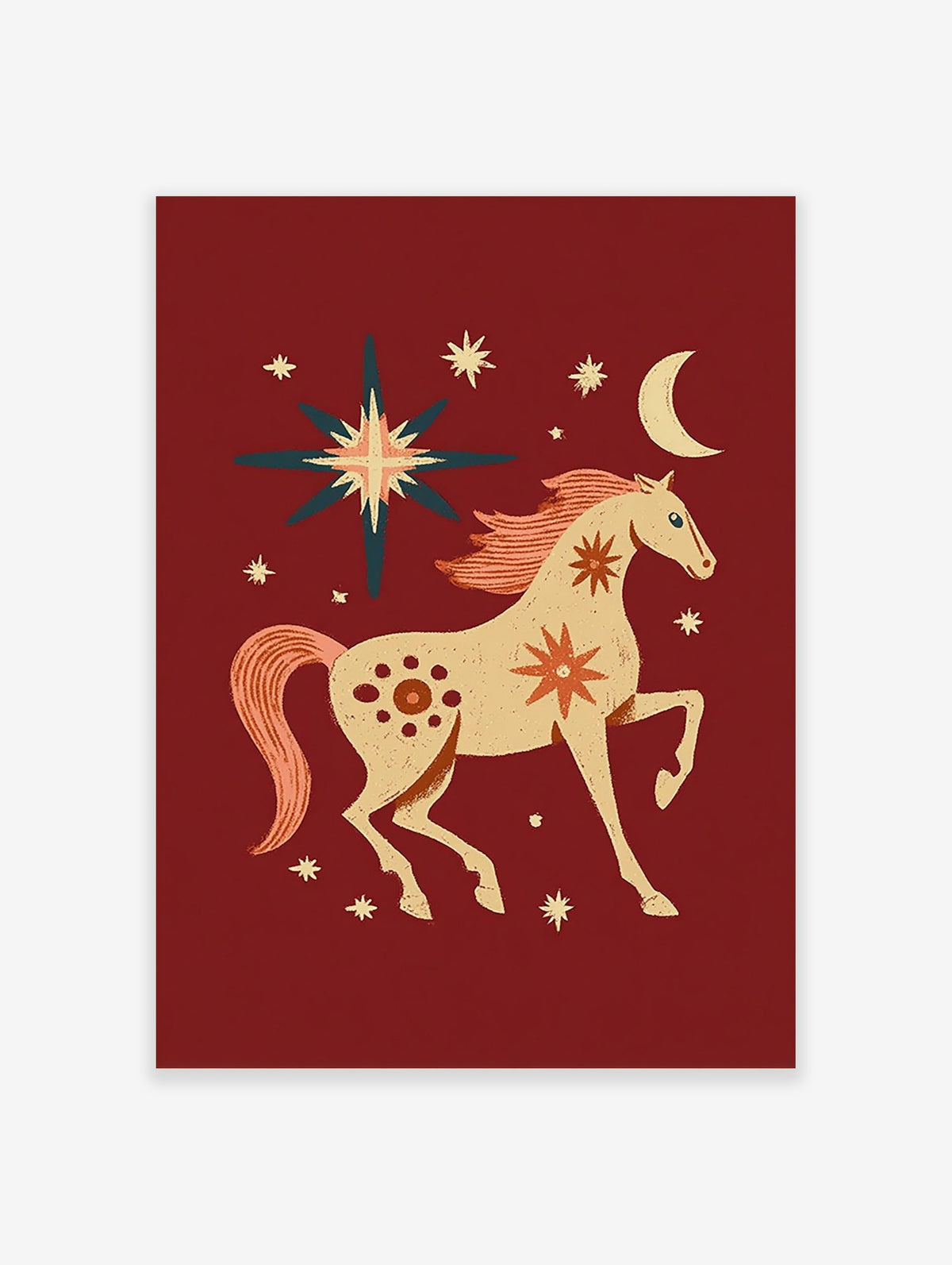 Folk art illustration of a cream horse with coral mane and tail, surrounded by stars and a crescent moon on a red background