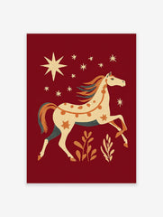 Folk art horse wall art print with orange dots, stars, and teal mane on a deep red background with botanical elements