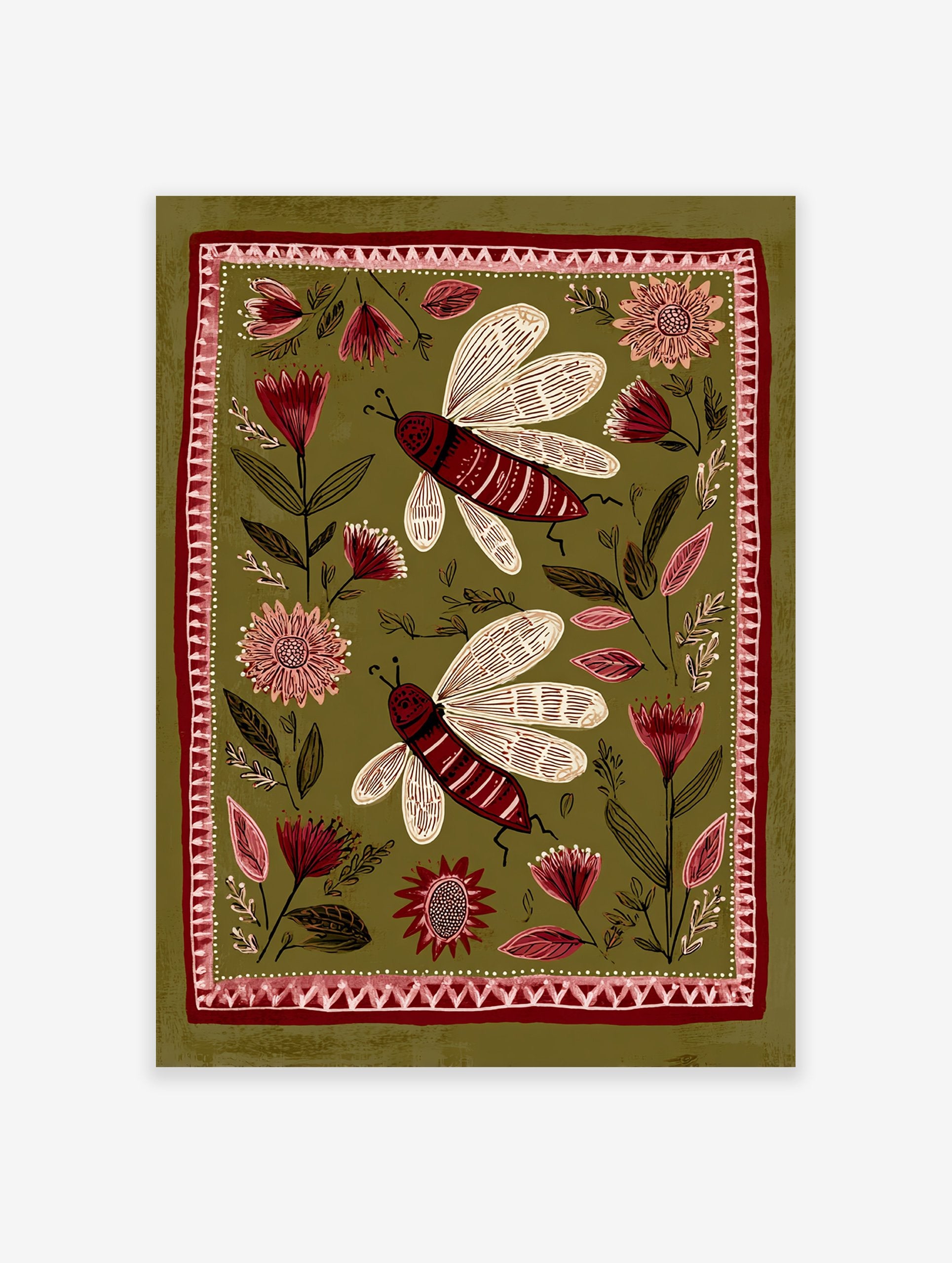 Folk art print with two red insects and stylized flowers on an olive green background with decorative border.