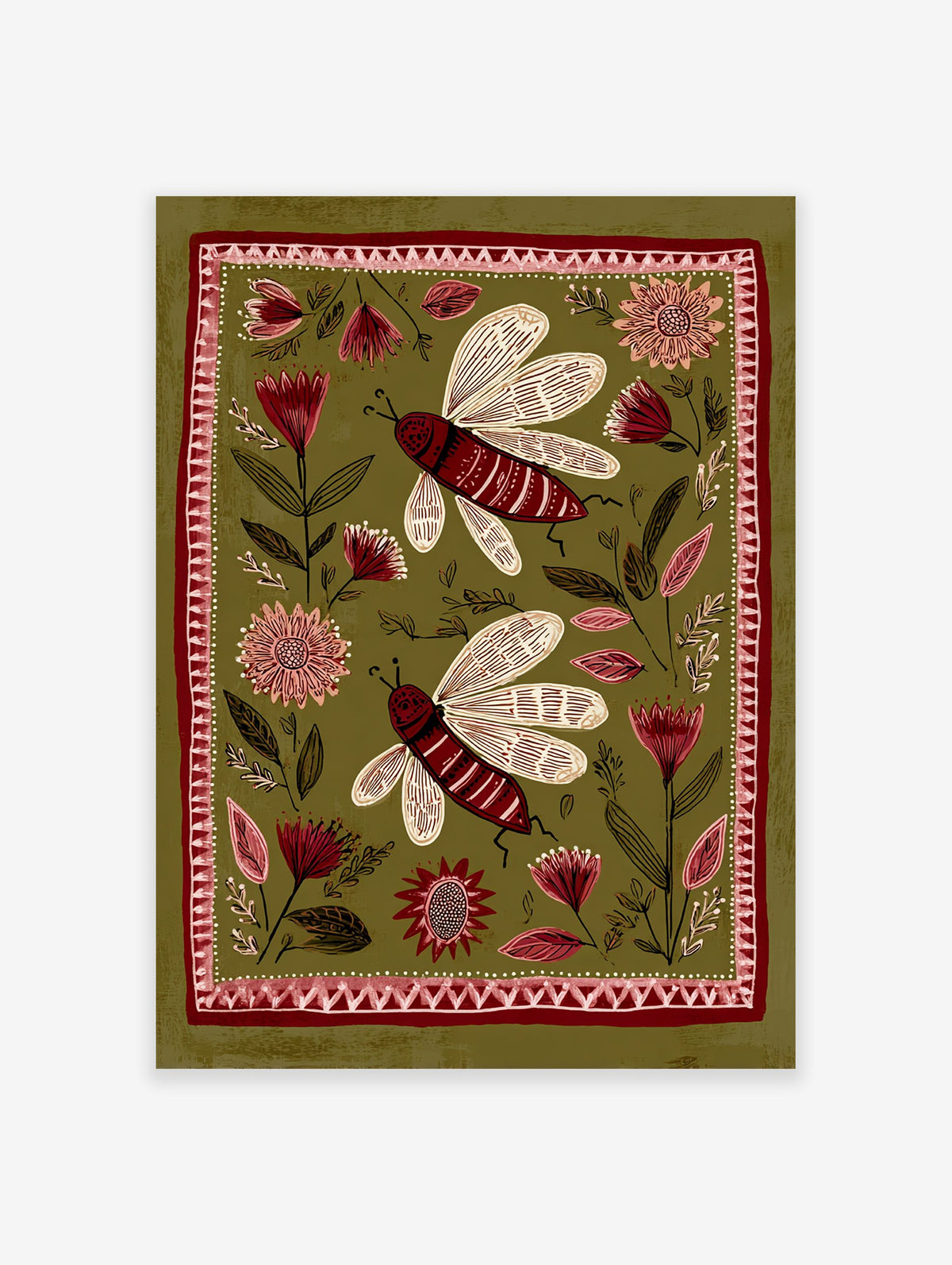 Folk art print with two red insects and stylized flowers on an olive green background with decorative border.