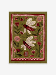 Folk art print with two red insects and stylized flowers on an olive green background with decorative border.