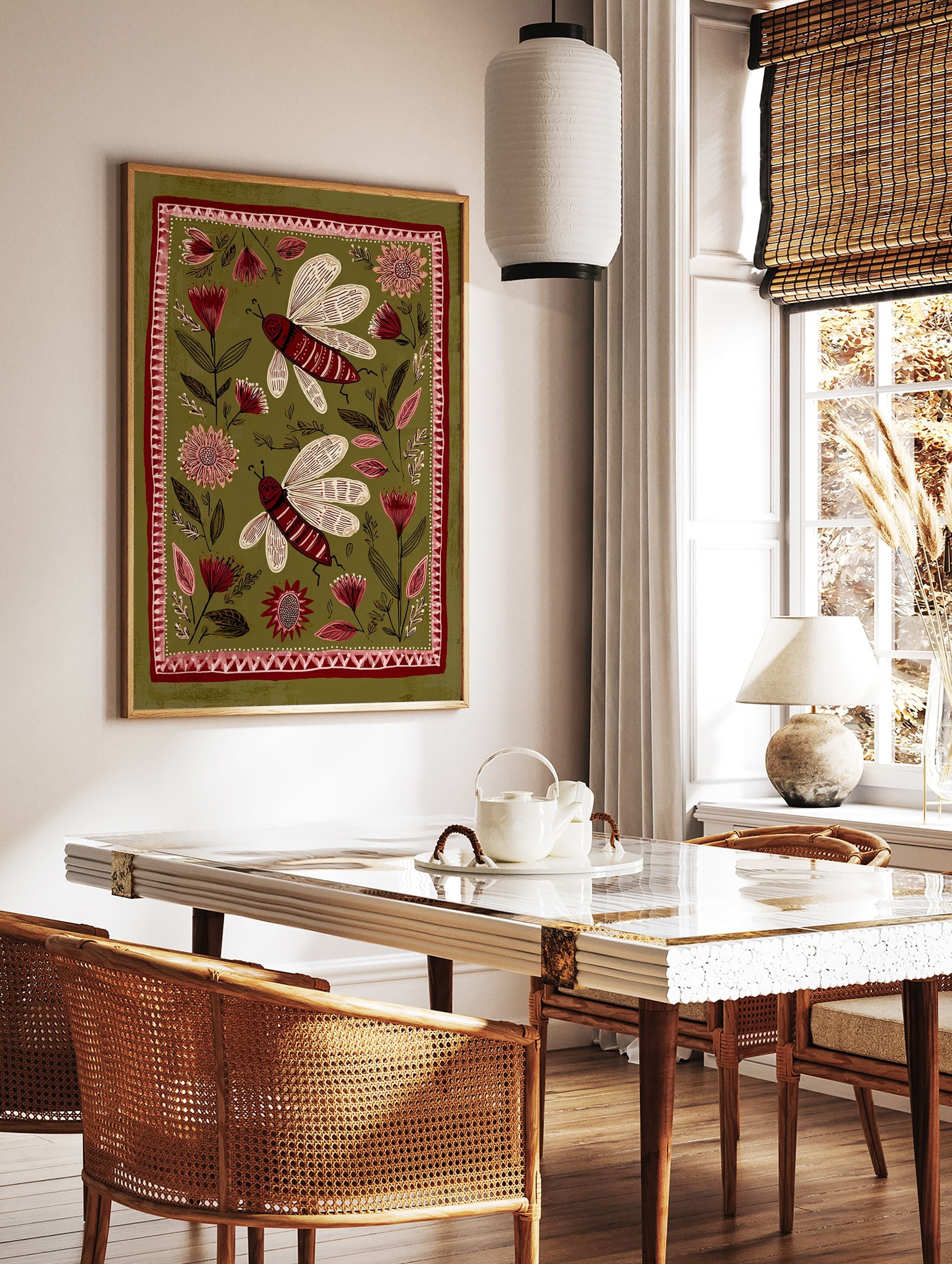 Folk art print with two red insects and stylized flowers on an olive green background with decorative border. - Image 2