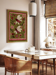 Folk art print with two red insects and stylized flowers on an olive green background with decorative border. - Image 2
