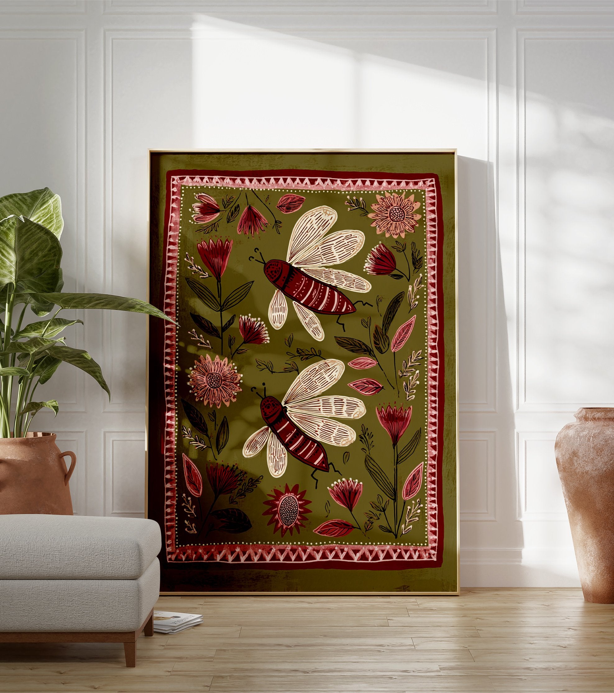 Folk art print with two red insects and stylized flowers on an olive green background with decorative border. - Image 3