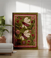 Folk art print with two red insects and stylized flowers on an olive green background with decorative border. - Image 3