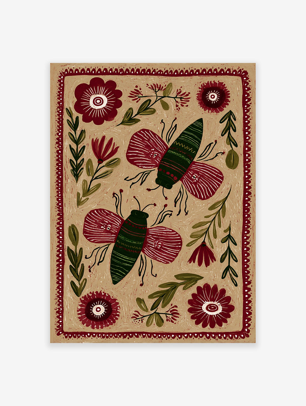 Folk art insect print featuring two stylized red and green butterflies among botanical elements on a light brown background.