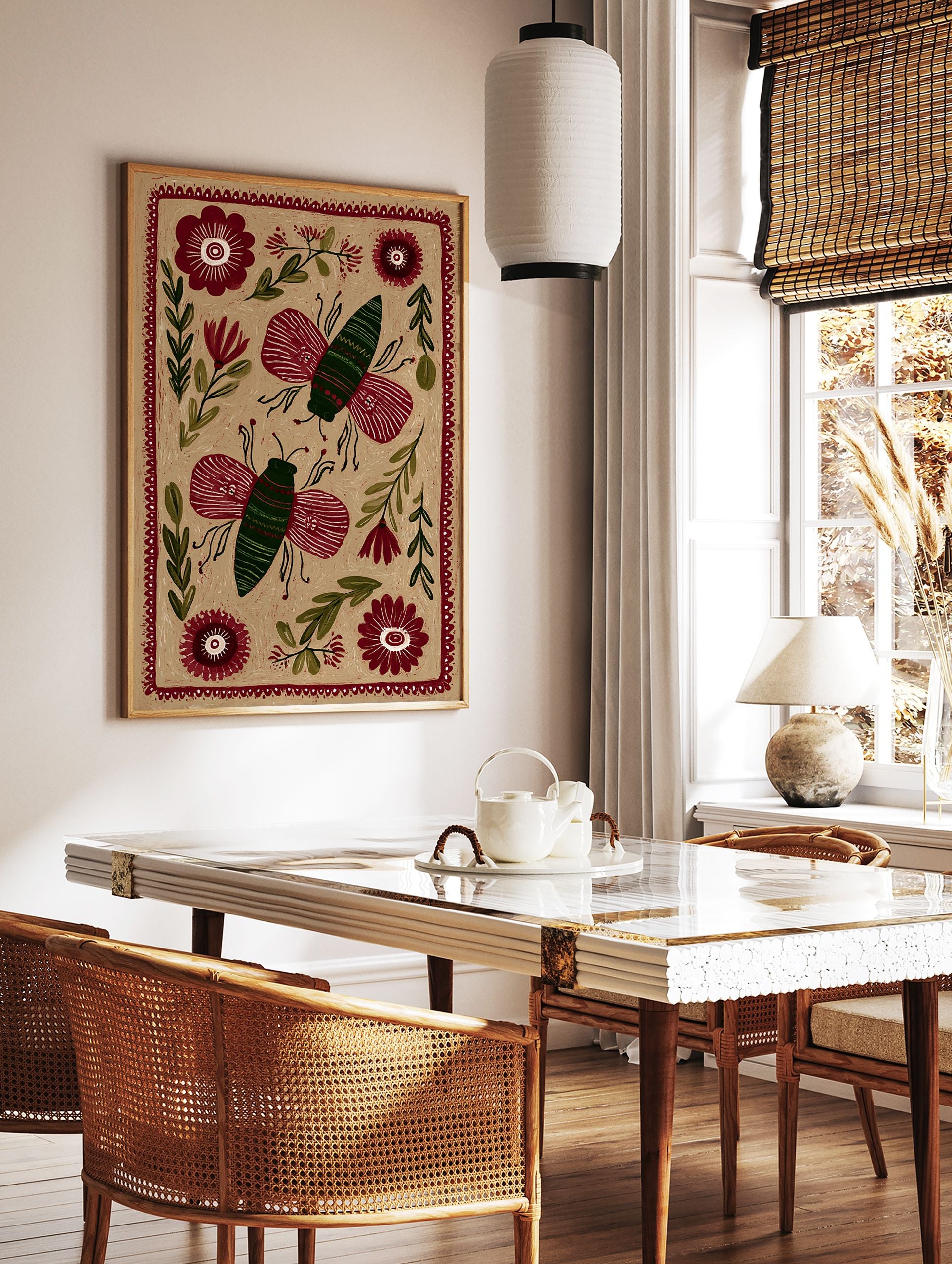 Folk art insect print featuring two stylized red and green butterflies among botanical elements on a light brown background. - Image 2