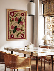 Folk art insect print featuring two stylized red and green butterflies among botanical elements on a light brown background. - Image 2