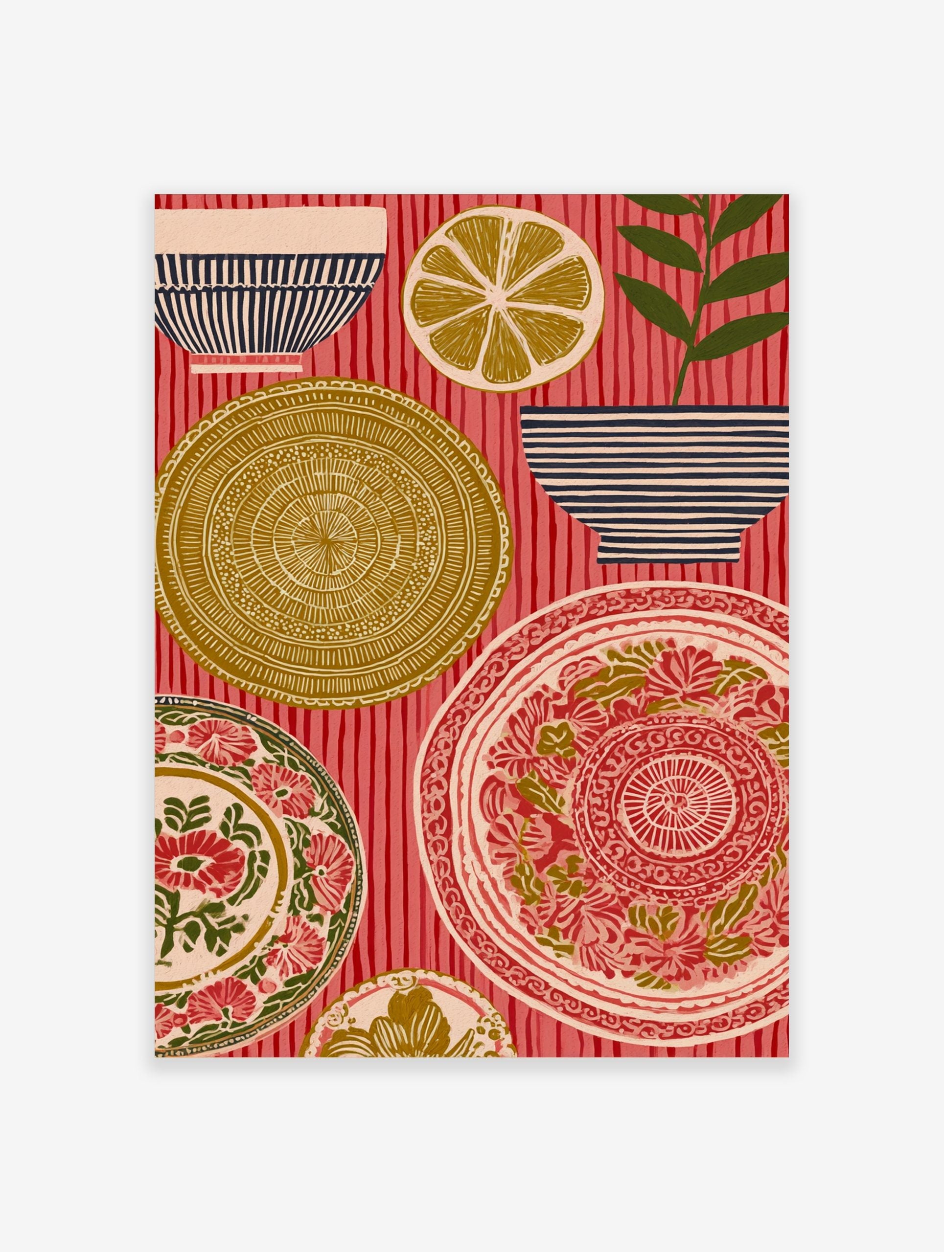 Folk art print of ornate plates, striped bowls, a lemon slice, and a plant on a red striped background