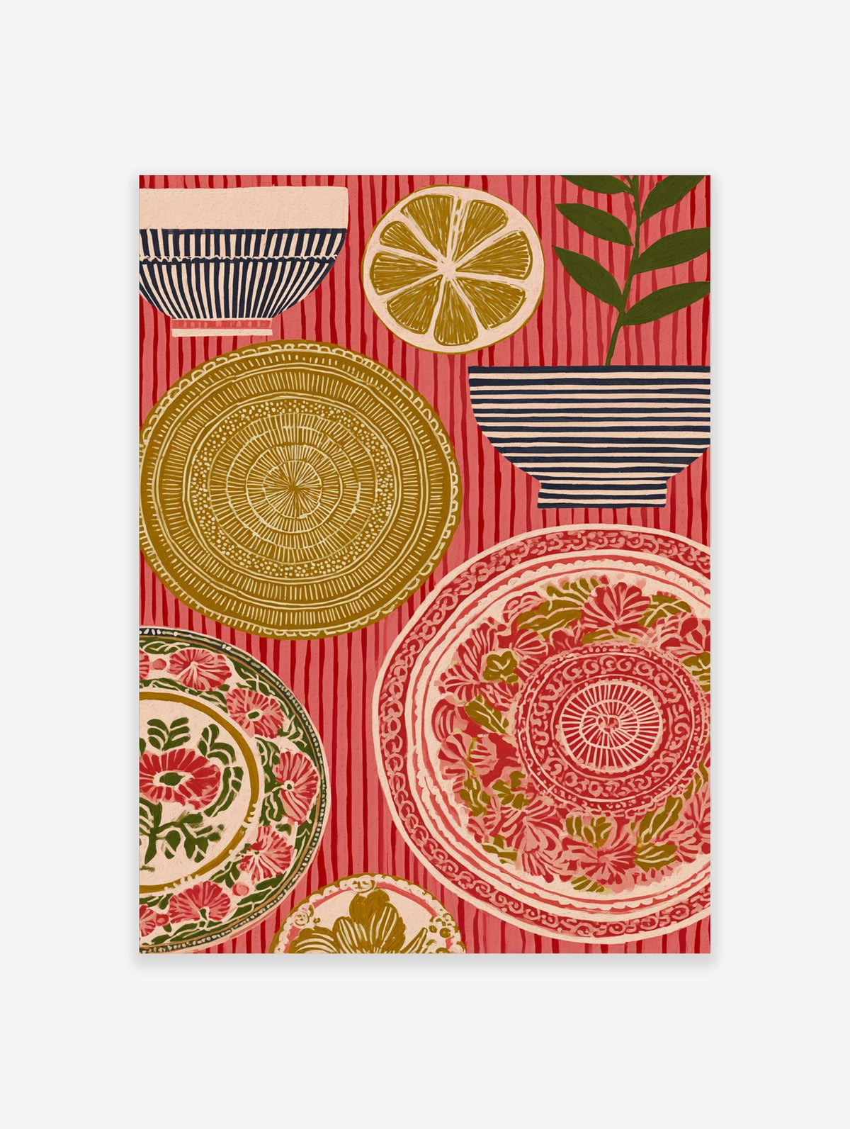 Folk art print of ornate plates, striped bowls, a lemon slice, and a plant on a red striped background