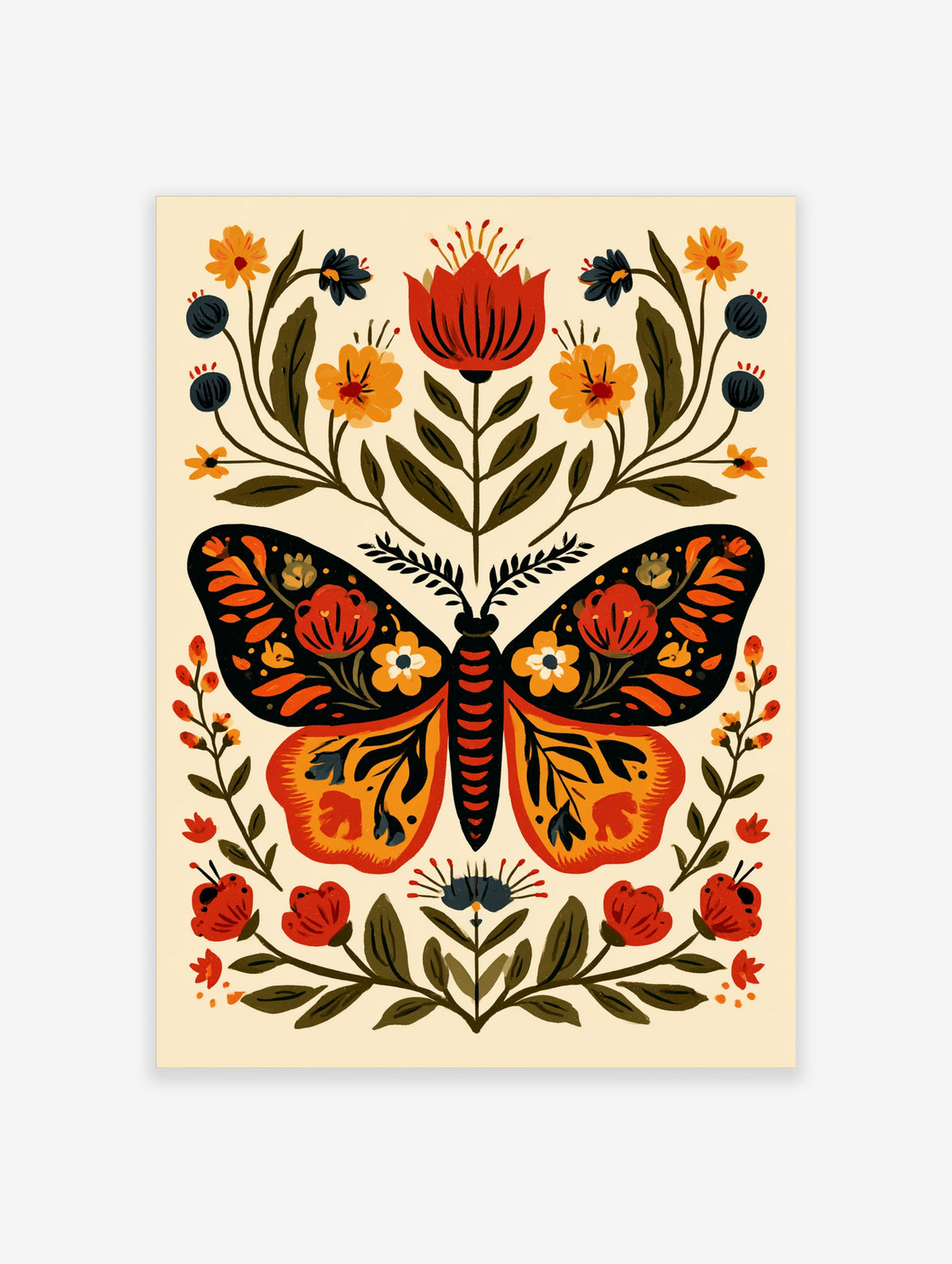 Folk art moth with red and orange wings surrounded by stylised flowers and leaves on cream background