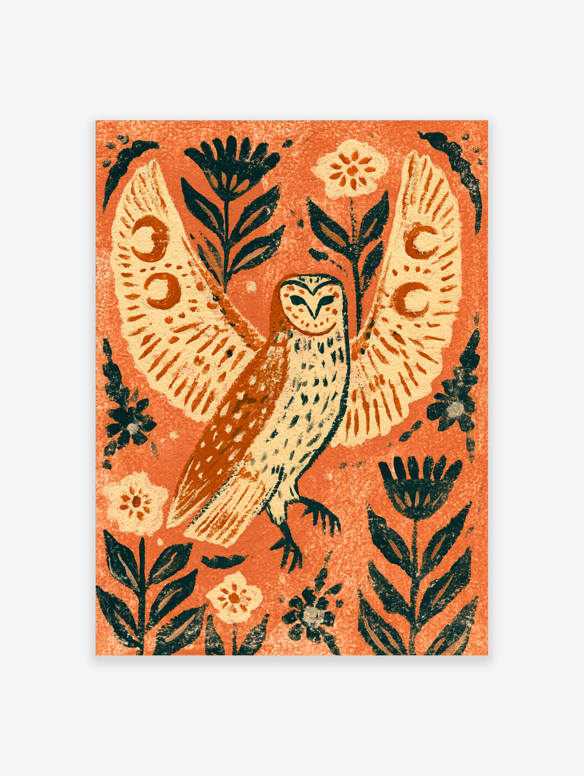 Folk art owl poster with spread wings and stylised flowers on an orange background