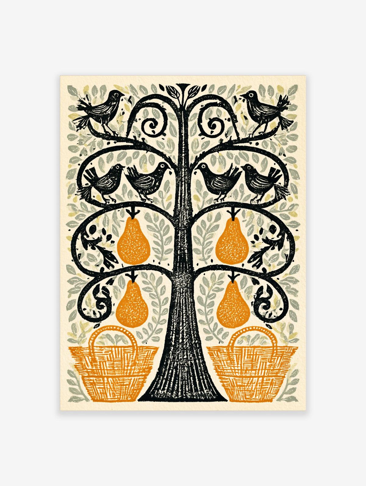 Folk art pear tree poster with four black birds and two orange pears on cream background