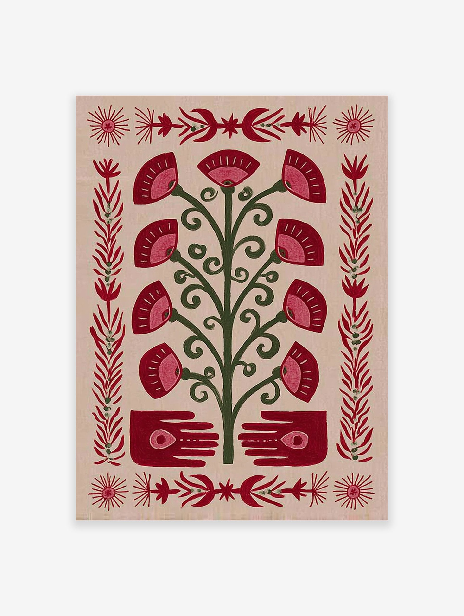 Folk art print of a stylized red and green tree with fan-shaped flowers, hands with eyes, and decorative borders.