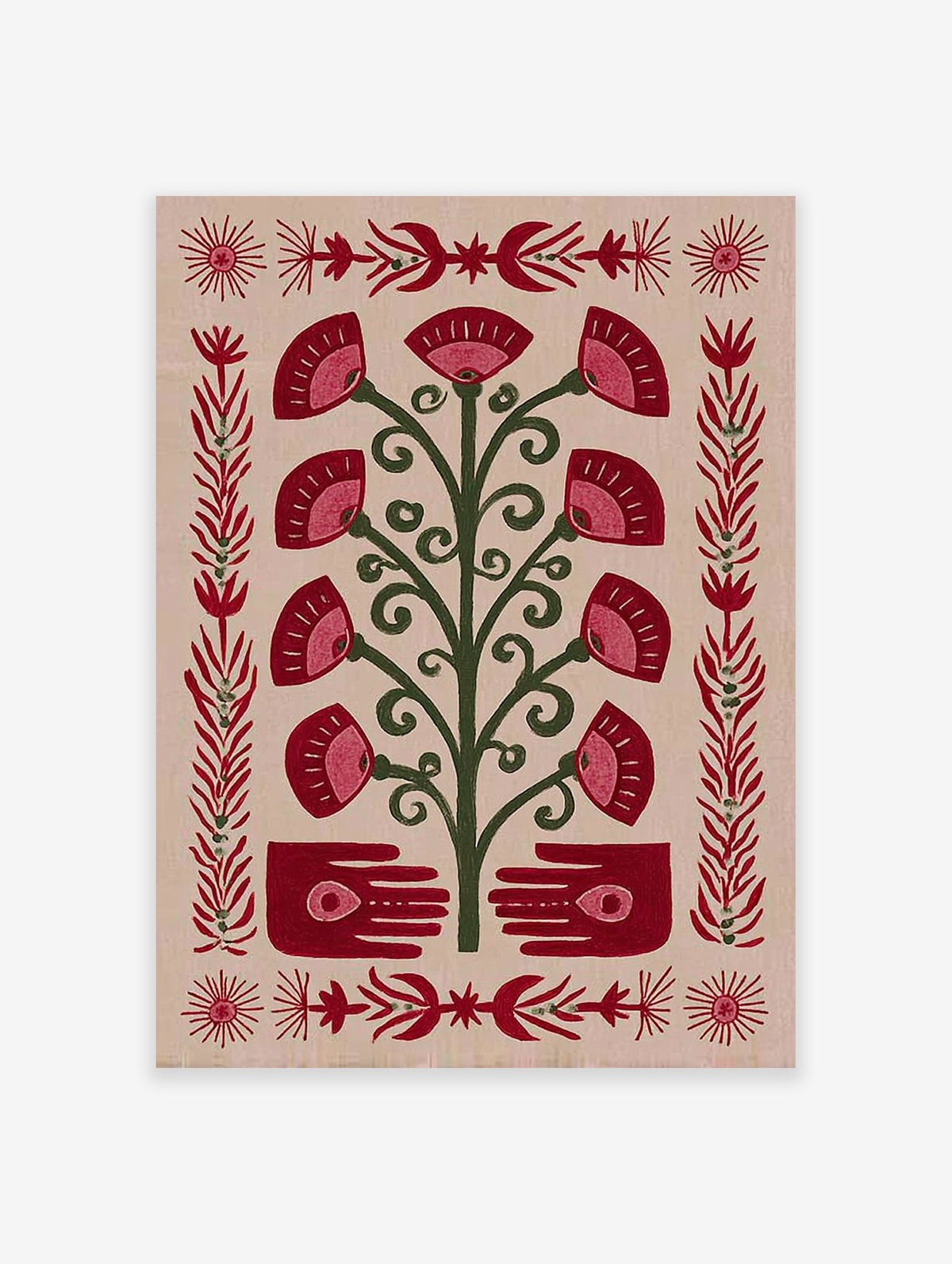 Folk art print of a stylized red and green tree with fan-shaped flowers, hands with eyes, and decorative borders.