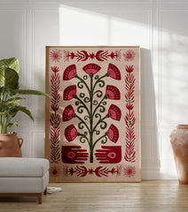 Folk art print of a stylized red and green tree with fan-shaped flowers, hands with eyes, and decorative borders. - Image 3