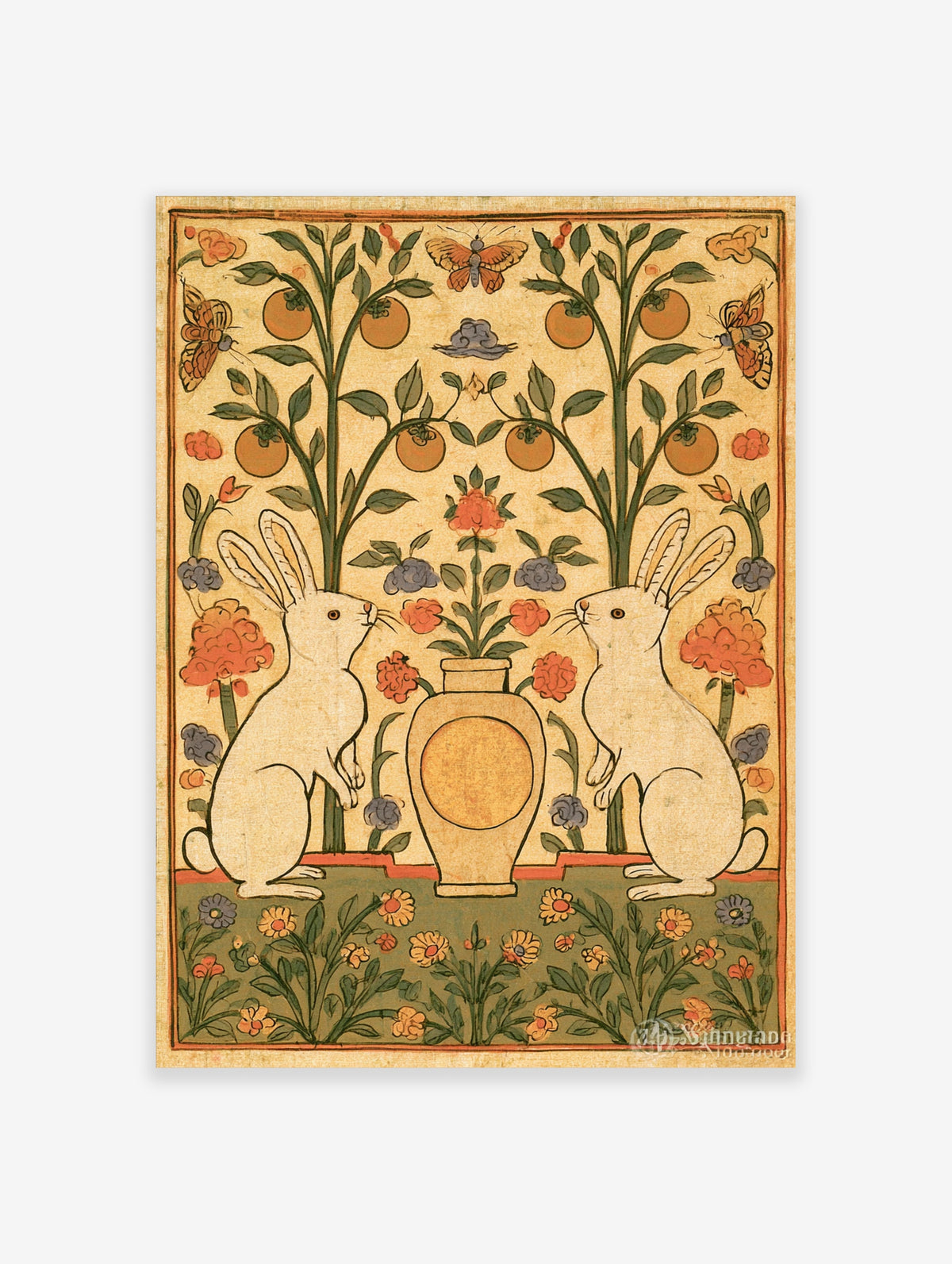 Folk art poster of two white rabbits flanking a vase beneath orange trees with butterflies
