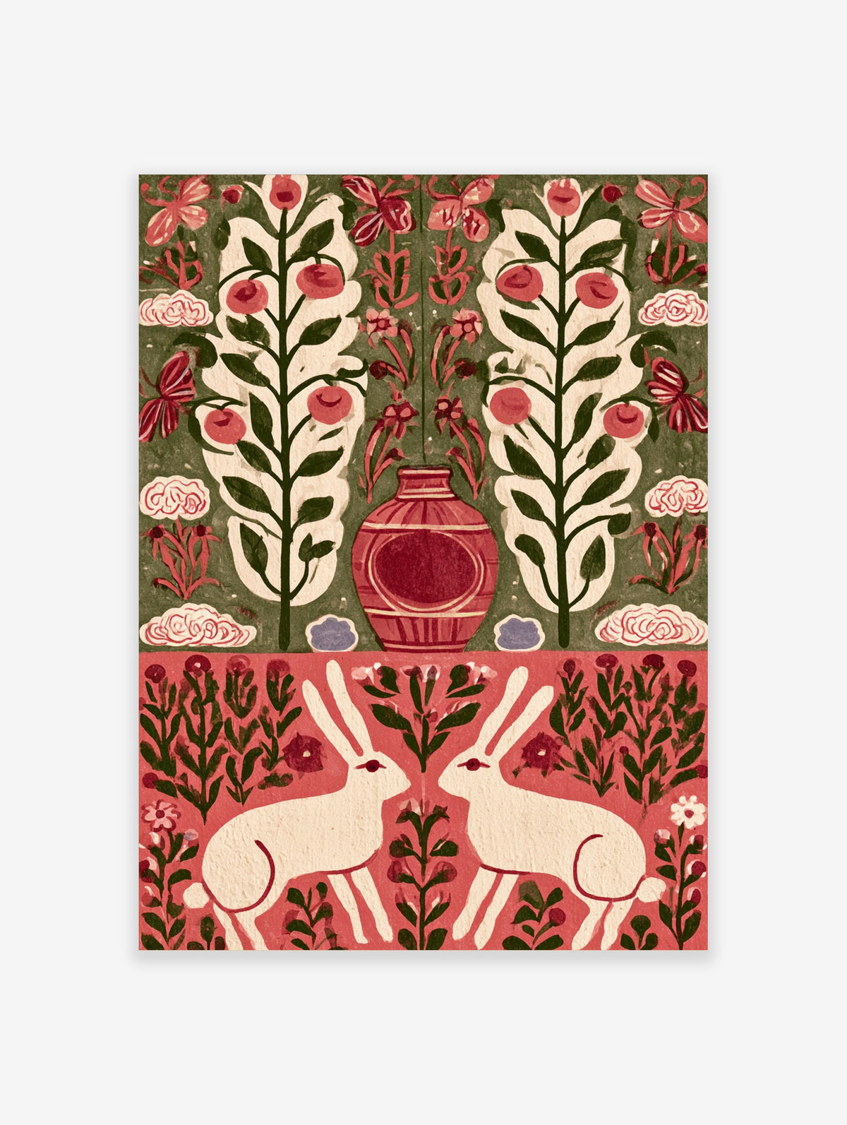 Folk art rabbit and vase wall art print with symmetrical botanical trees and pink blooms