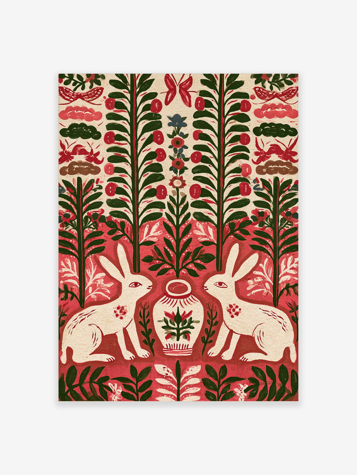 Folk art rabbit poster with two white hares, red vase, green stems, and red background