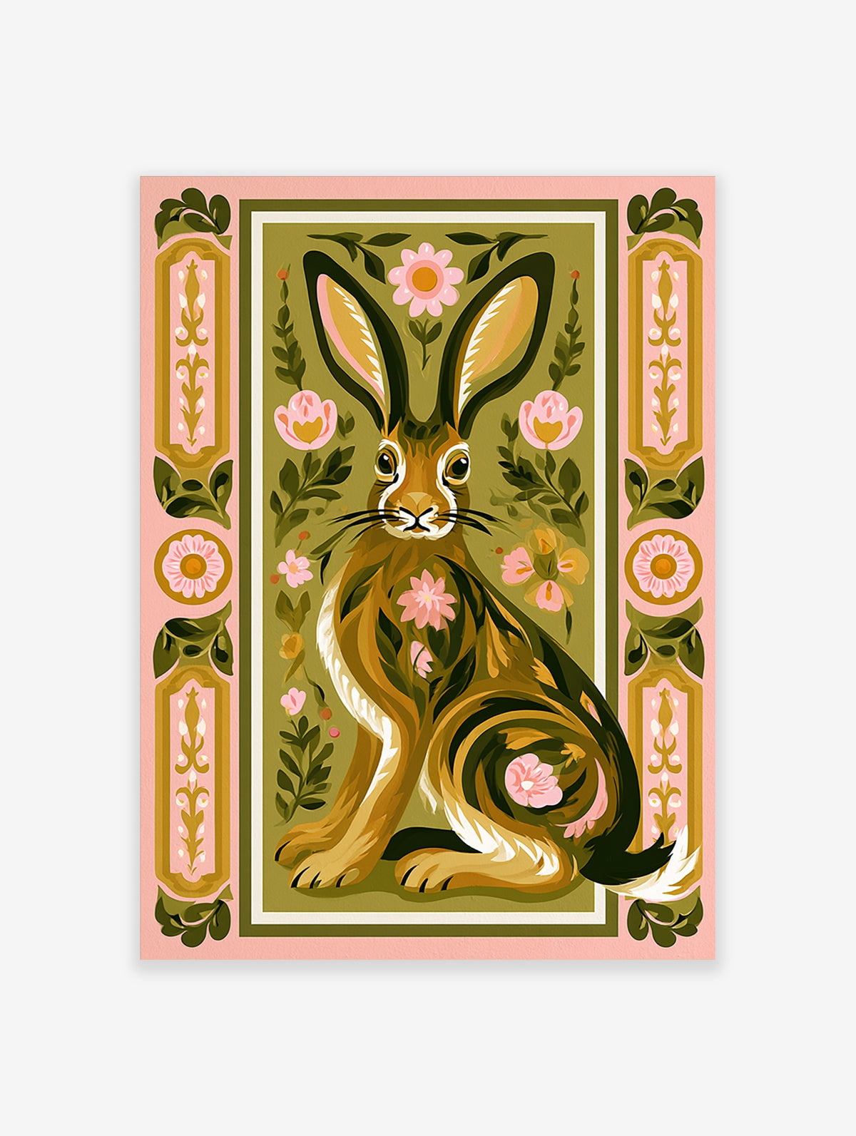 Folk art rabbit poster with seated brown hare, pink blossoms and green leaves on olive background