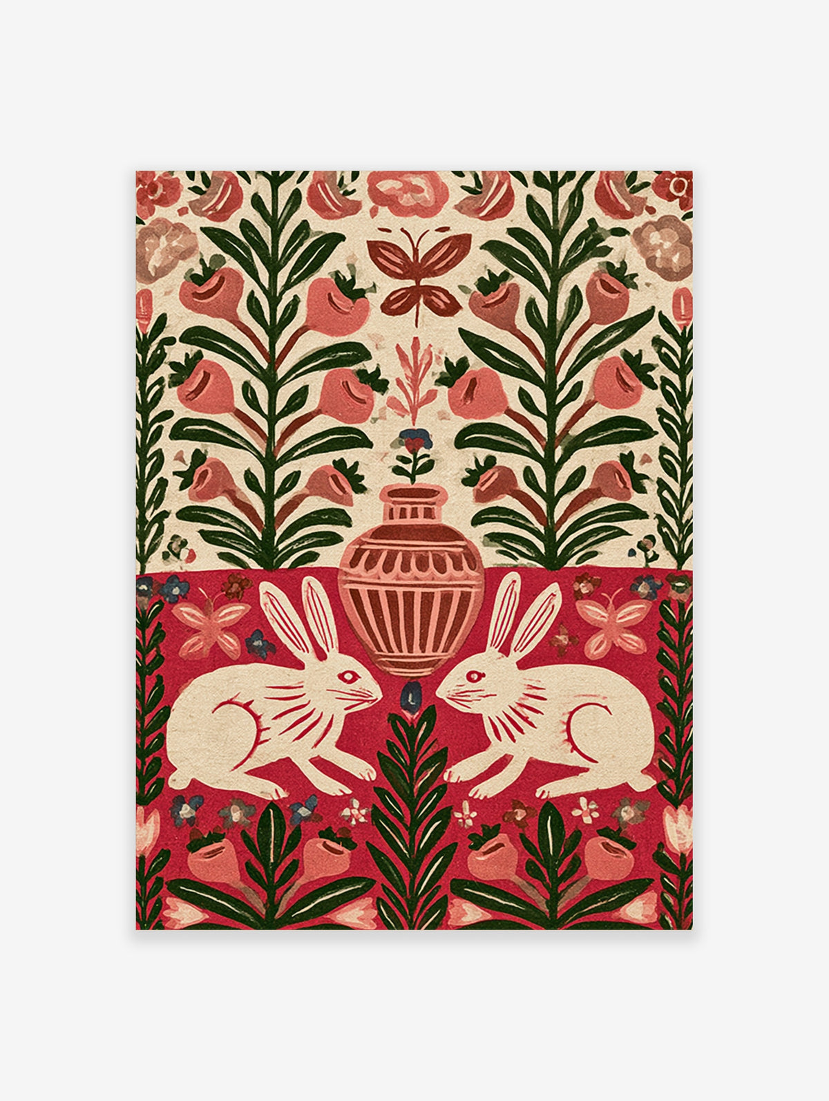 Folk art rabbit poster with two white rabbits, a vase, red flowers, and green leaves on crimson