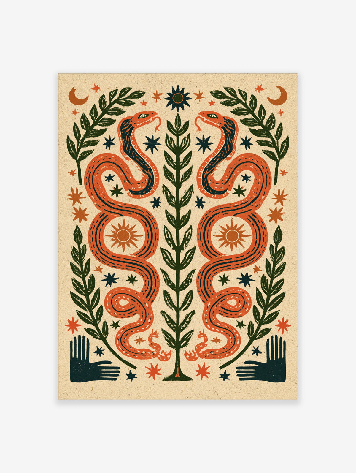 Folk art snake poster with two mirrored orange serpents, green leaves, suns, and stars on beige