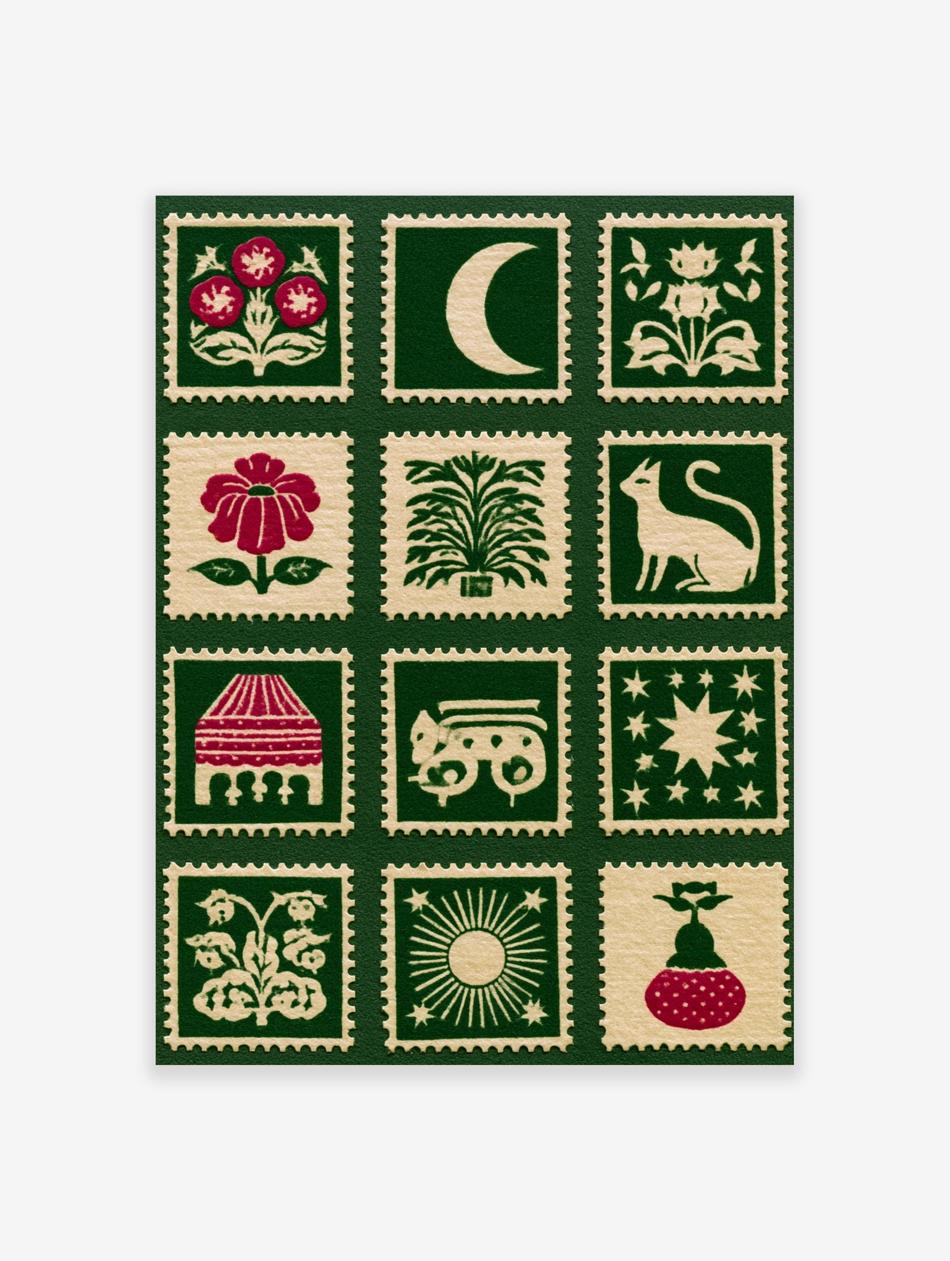 Folk art style stamp grid print featuring botanical flowers, celestial moons, and animals on a deep green background