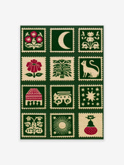 Folk art style stamp grid print featuring botanical flowers, celestial moons, and animals on a deep green background