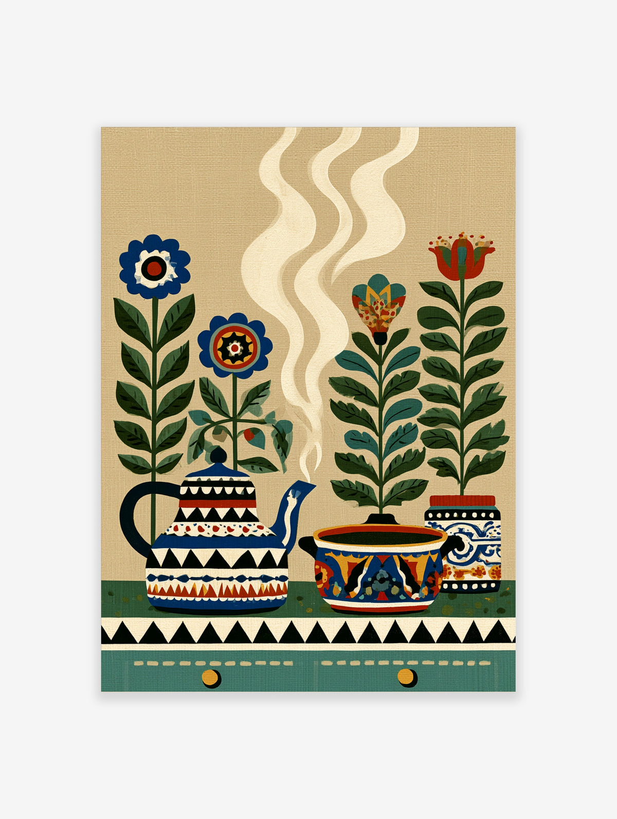 Folk art still life poster with patterned teapot, stylised flowers, and steam on beige background