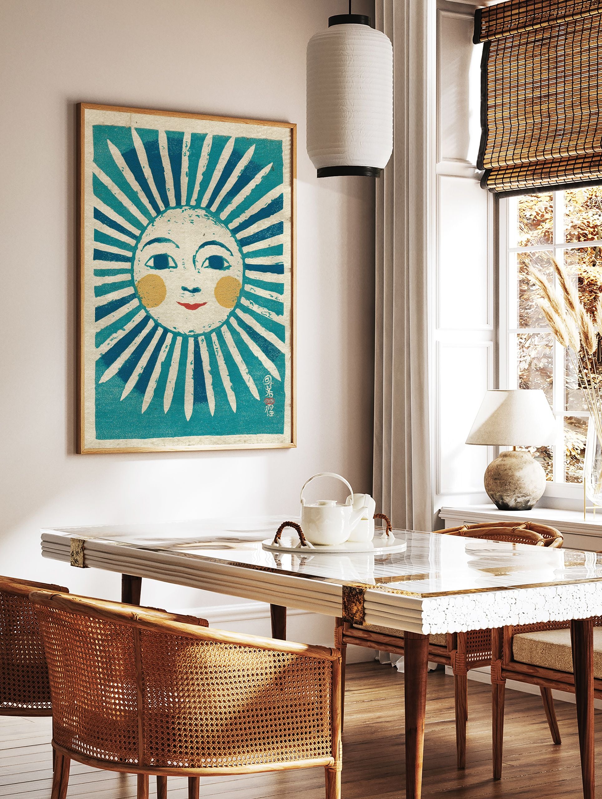 Stylized folk art sun print illustration with a smiling face, blue rays, yellow cheeks, and red lips on textured paper. - Image 2