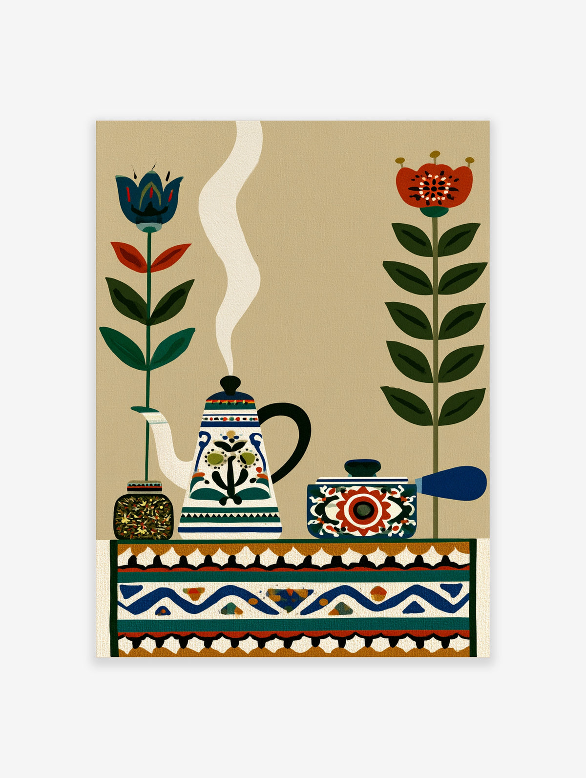 Folk art teapot and floral poster with red and blue flowers on tan background, colourful kitchen wall art