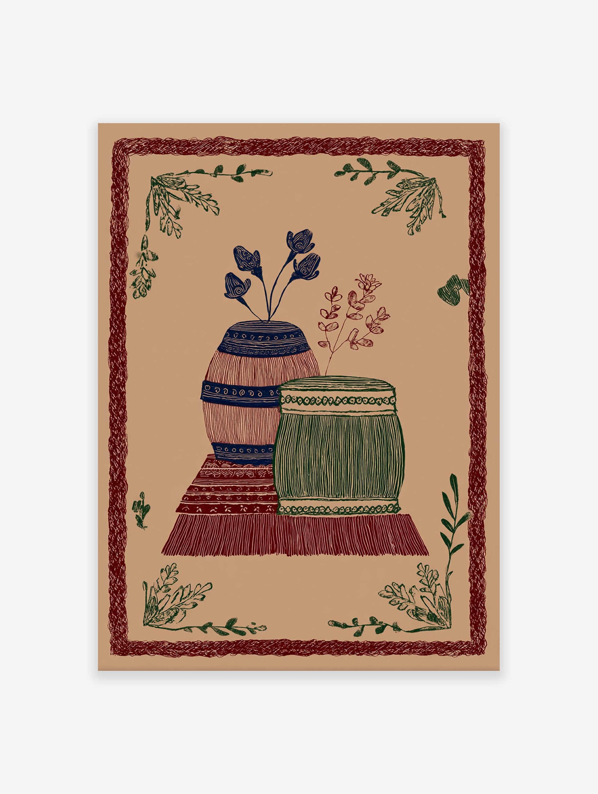 Folk art illustration print featuring two patterned vases with botanical elements and a decorative leaf border on a brown background.