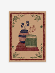Folk art illustration print featuring two patterned vases with botanical elements and a decorative leaf border on a brown background.