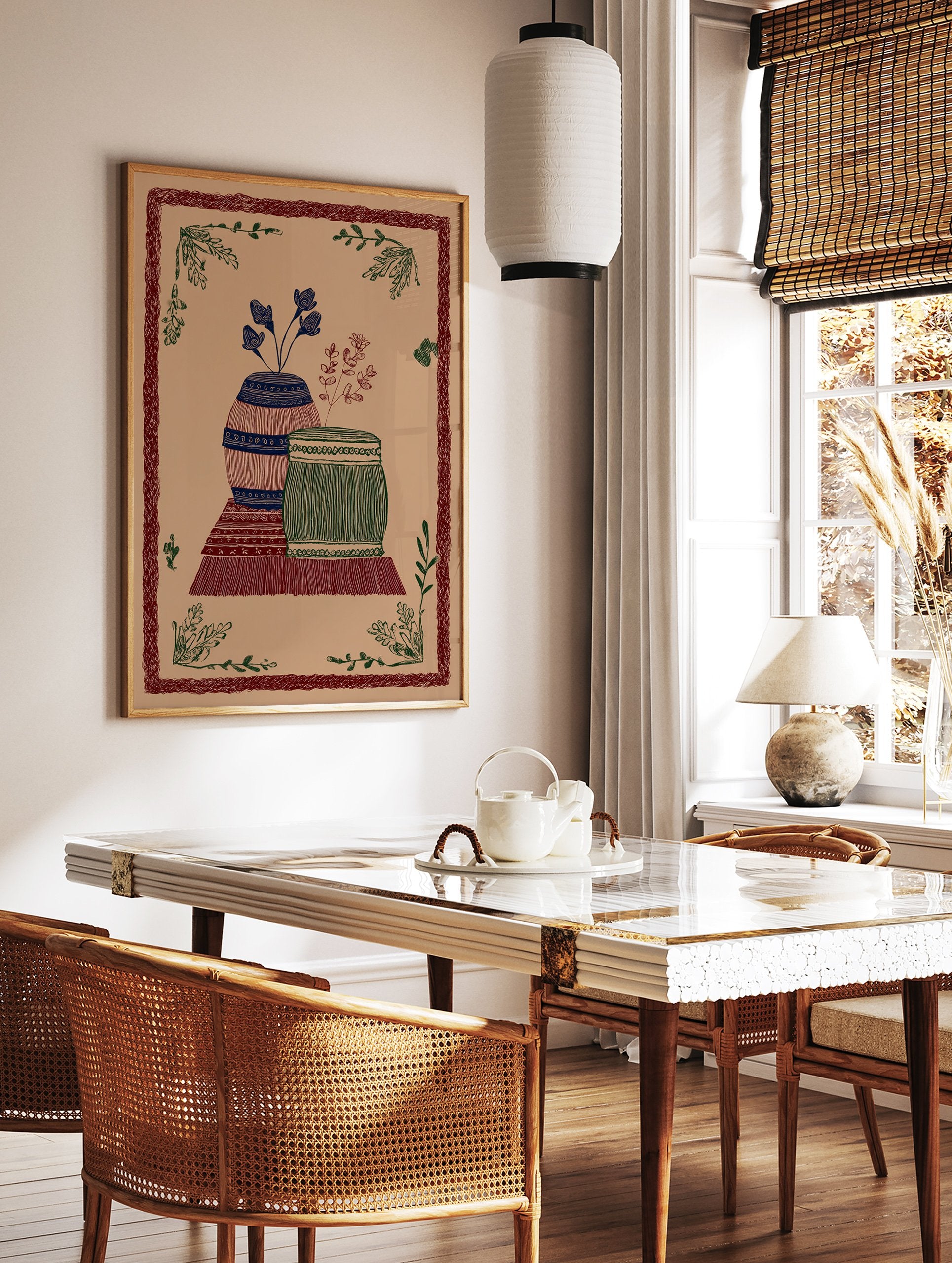 Folk art illustration print featuring two patterned vases with botanical elements and a decorative leaf border on a brown background. - Image 2